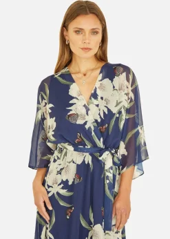 Yumi Floral Print Navy Kimono Midi Wrap Dress