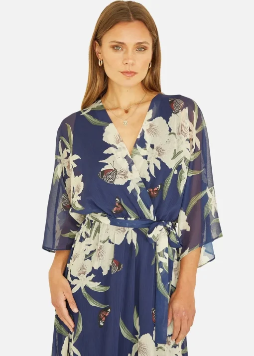 Yumi Floral Print Navy Kimono Midi Wrap Dress