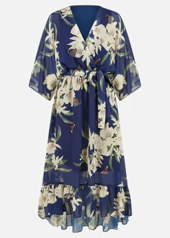 Yumi Floral Print Navy Kimono Midi Wrap Dress
