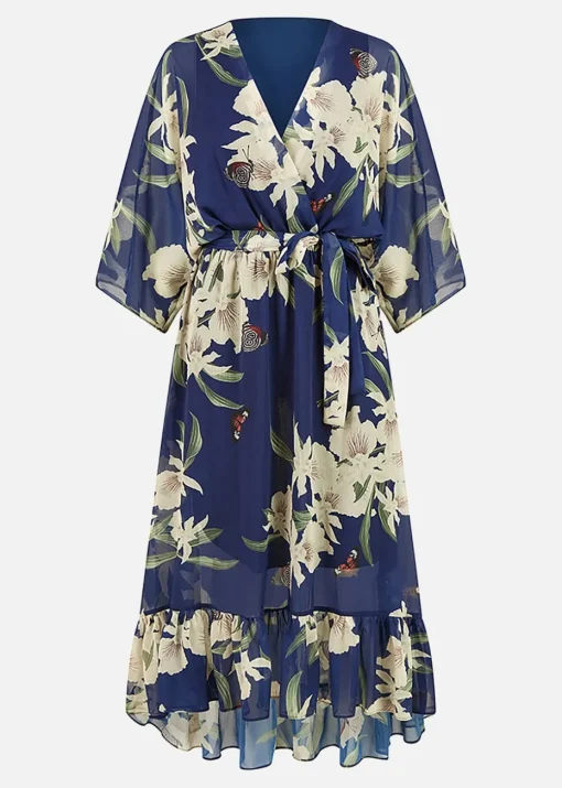 Yumi Floral Print Navy Kimono Midi Wrap Dress