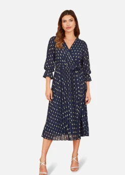 Yumi Foil Printed Pleated Wrap Midi Dress In Navy