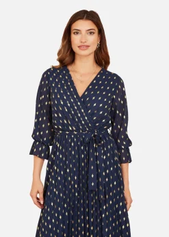 Yumi Foil Printed Pleated Wrap Midi Dress In Navy
