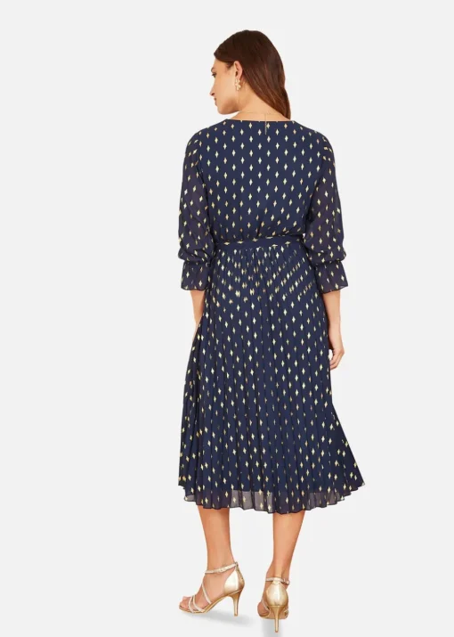 Yumi Foil Printed Pleated Wrap Midi Dress In Navy