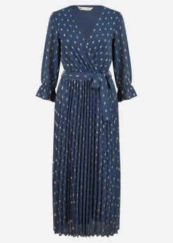 Yumi Foil Printed Pleated Wrap Midi Dress In Navy