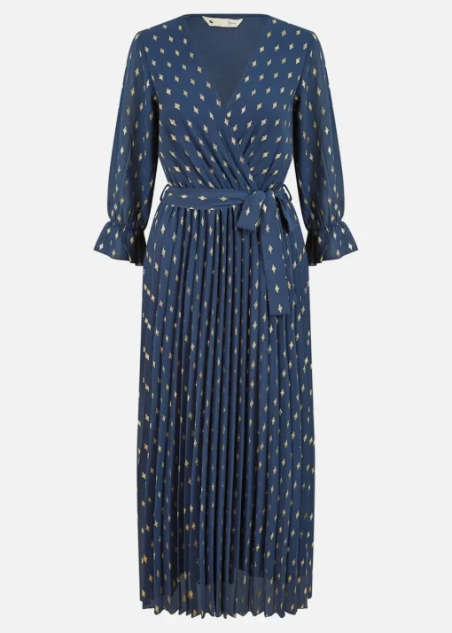 Yumi Foil Printed Pleated Wrap Midi Dress In Navy