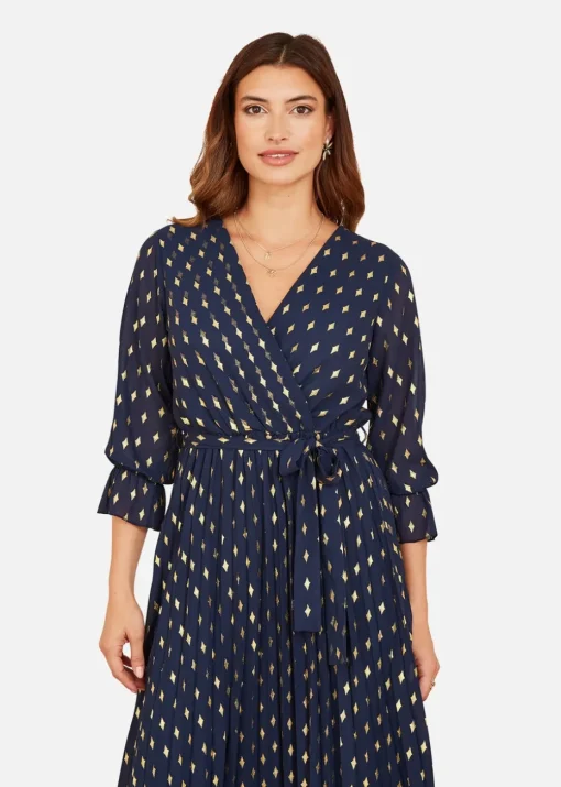 Yumi Foil Printed Pleated Wrap Midi Dress In Navy