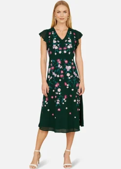 Yumi Green All Over Floral Embroidery Midi Skater Dress