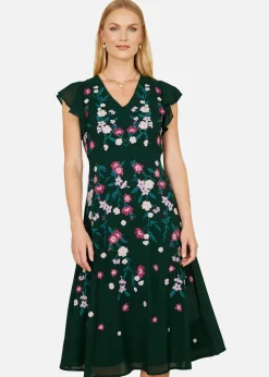 Yumi Green All Over Floral Embroidery Midi Skater Dress