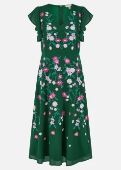 Yumi Green All Over Floral Embroidery Midi Skater Dress