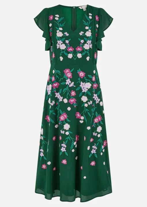 Yumi Green All Over Floral Embroidery Midi Skater Dress