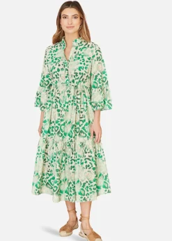 Yumi Green Animal Print Broderie Anglaise Cotton Midi Shirt Dress