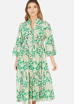 Yumi Green Animal Print Broderie Anglaise Cotton Midi Shirt Dress