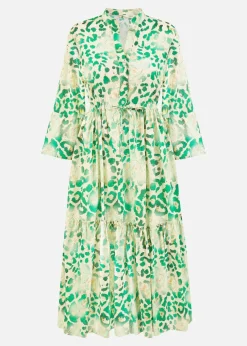 Yumi Green Animal Print Broderie Anglaise Cotton Midi Shirt Dress