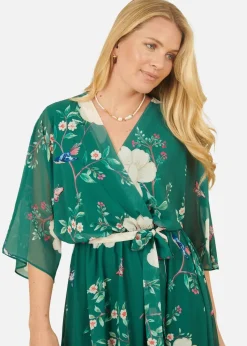 Yumi Green Bird & Floral Print Midi Wrap Dress