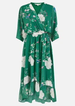 Yumi Green Bird & Floral Print Midi Wrap Dress