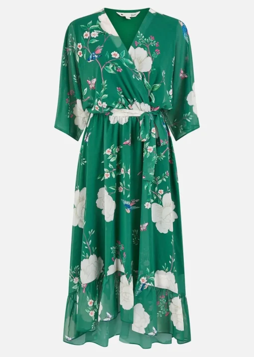 Yumi Green Bird & Floral Print Midi Wrap Dress