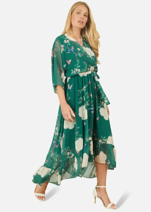 Yumi Green Bird & Floral Print Midi Wrap Dress