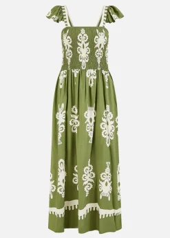 Yumi Green Block Print Ruched Maxi Dress