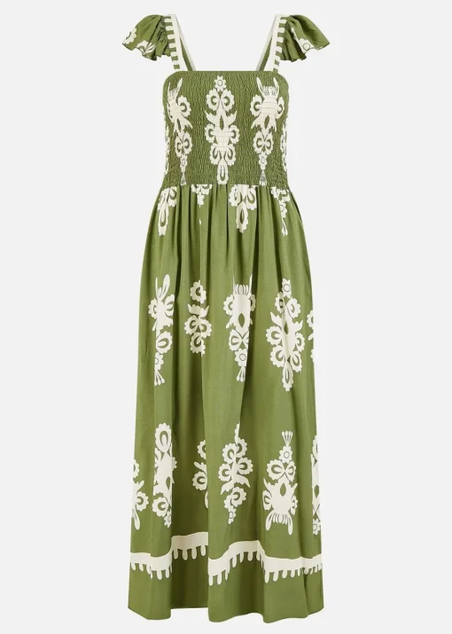 Yumi Green Block Print Ruched Maxi Dress