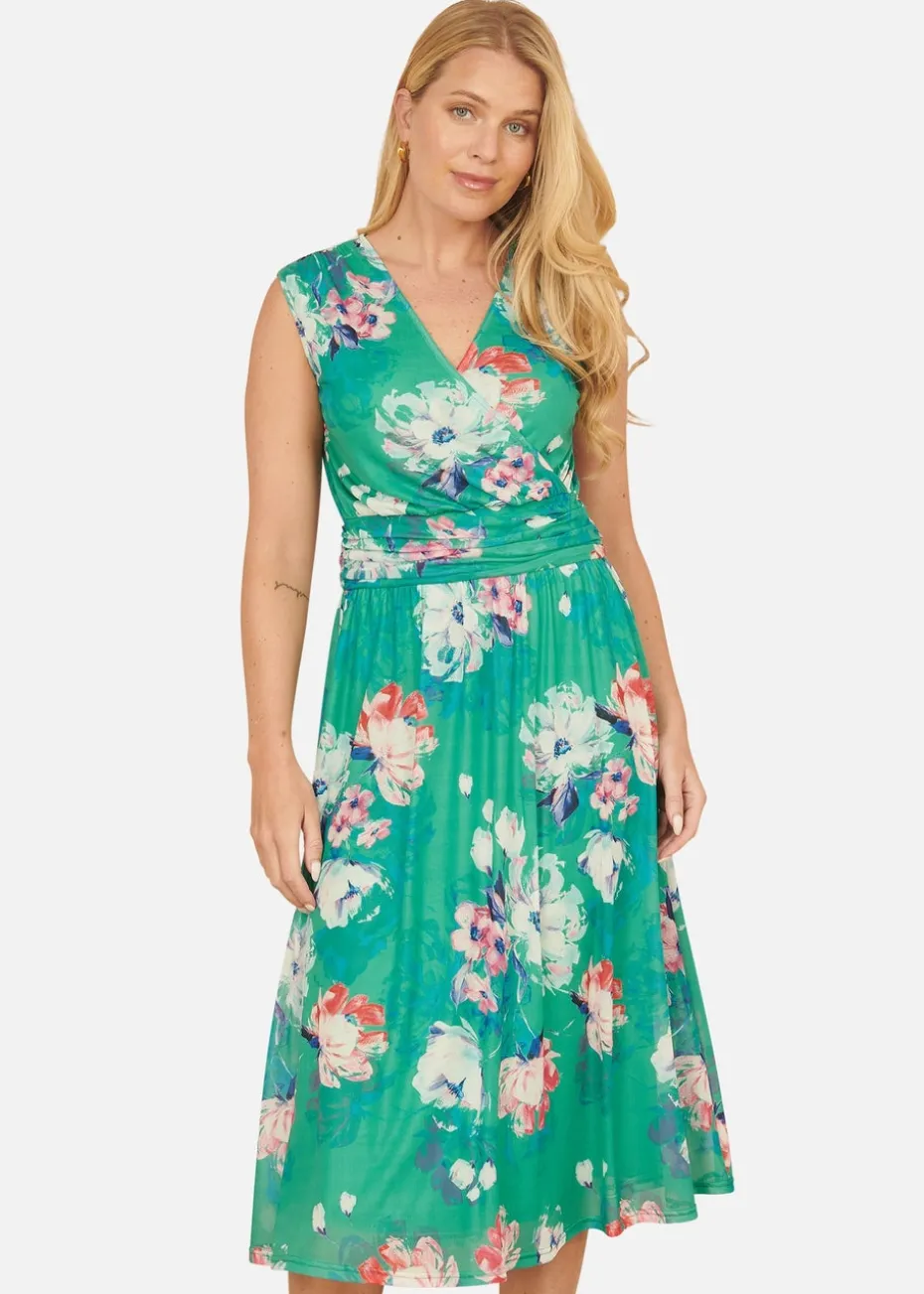Yumi Green Blossom Print Stretch Mesh Dress With Pockets