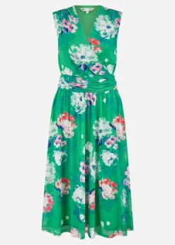 Yumi Green Blossom Print Stretch Mesh Dress With Pockets
