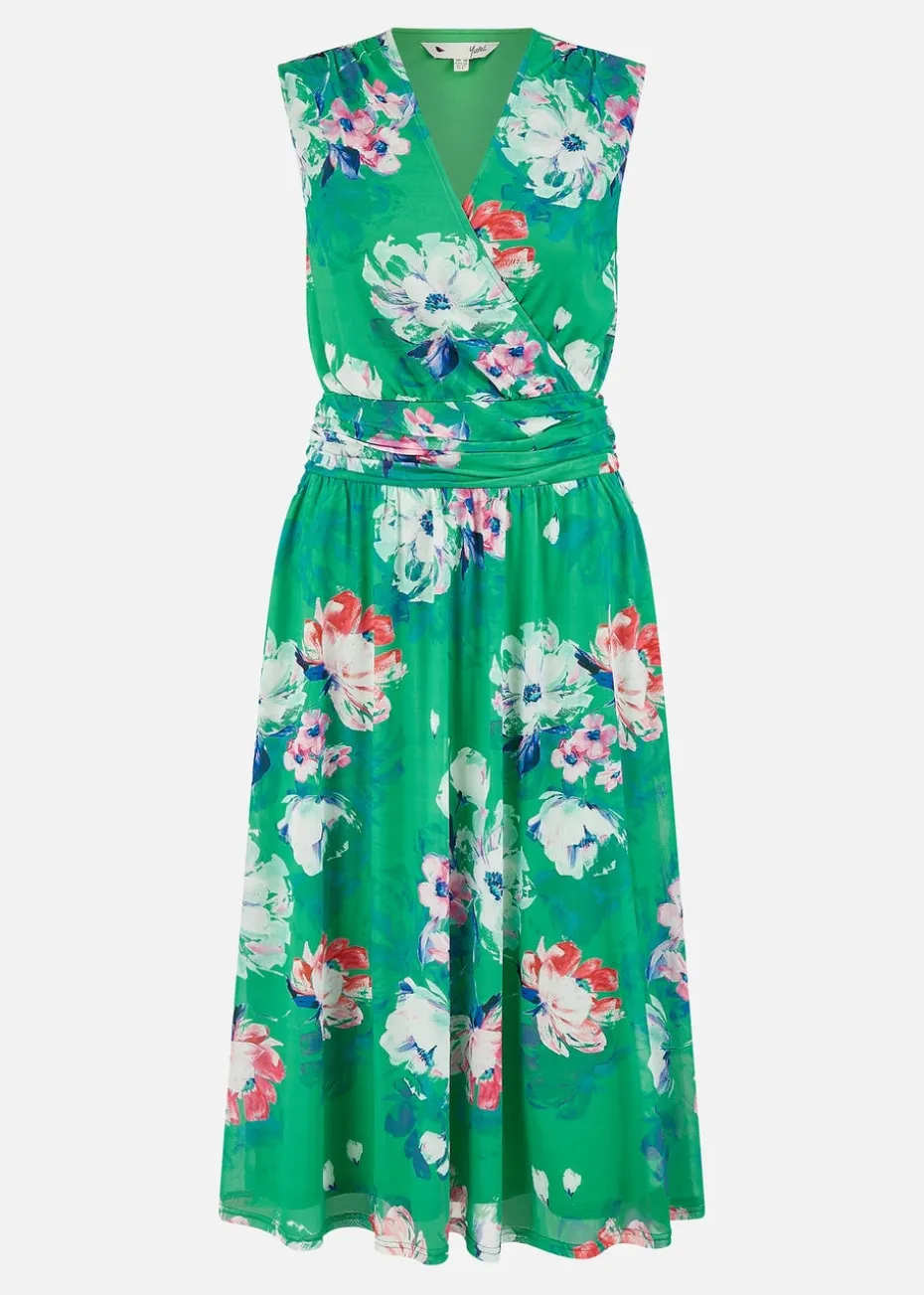 Yumi Green Blossom Print Stretch Mesh Dress With Pockets
