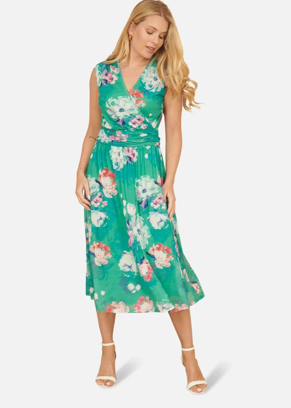 Yumi Green Blossom Print Stretch Mesh Dress With Pockets