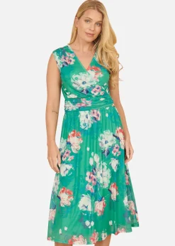 Yumi Green Blossom Print Stretch Mesh Dress With Pockets