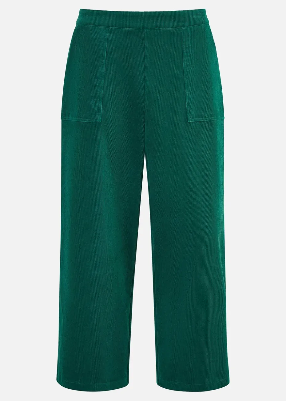 Yumi Green Cord Cropped Wide Leg Trousers With Pockets