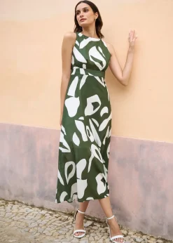 Yumi Green Cotton Abstract Print Maxi Dress With Tie Back