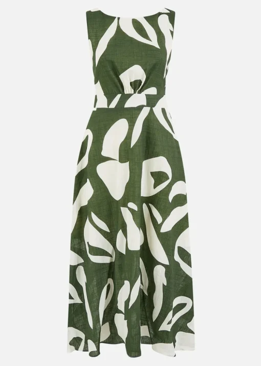 Yumi Green Cotton Abstract Print Maxi Dress With Tie Back