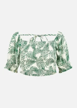 Yumi Green Cotton Voile Palm Leaf Ruched Crop Top