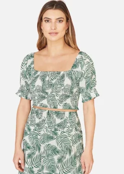Yumi Green Cotton Voile Palm Leaf Ruched Crop Top