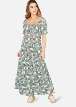 Yumi Green Cotton Voile Palm Leaf Ruched Waist Midi Skirt