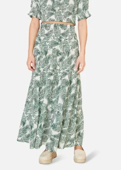 Yumi Green Cotton Voile Palm Leaf Ruched Waist Midi Skirt