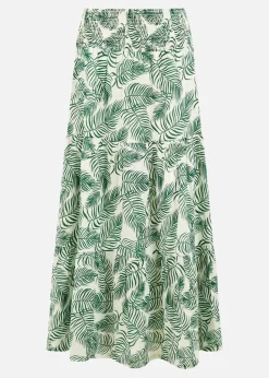 Yumi Green Cotton Voile Palm Leaf Ruched Waist Midi Skirt
