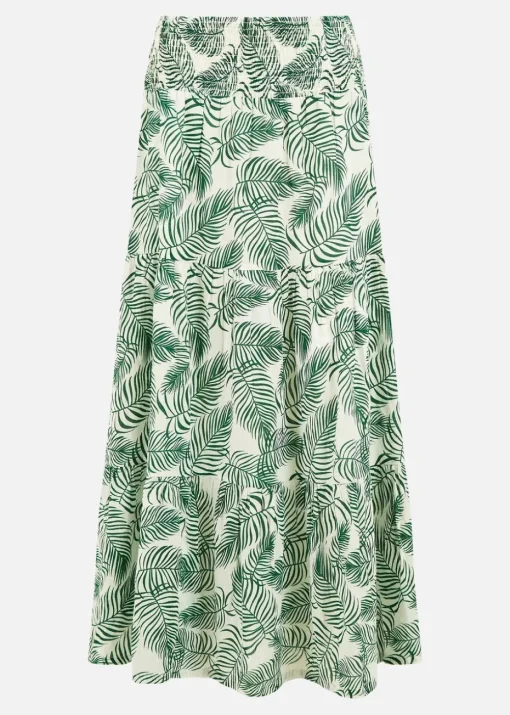 Yumi Green Cotton Voile Palm Leaf Ruched Waist Midi Skirt