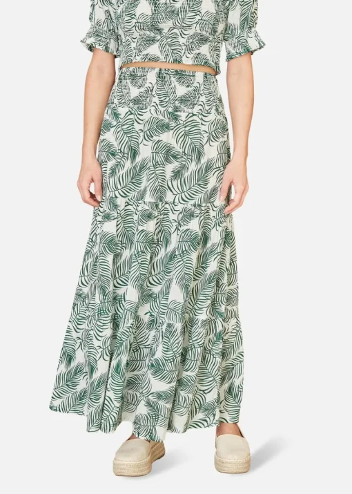 Yumi Green Cotton Voile Palm Leaf Ruched Waist Midi Skirt