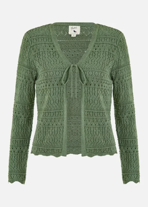 Yumi Green Crochet Tie Front Cardigan