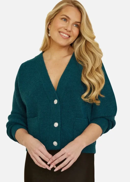 Yumi Green Daisy Button Knitted Relaxed Fit Cardigan