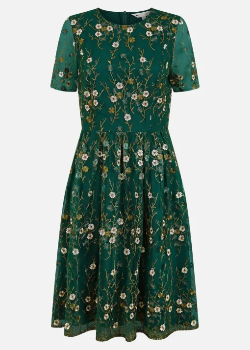 Yumi Green Embroidered Floral Skater Dress