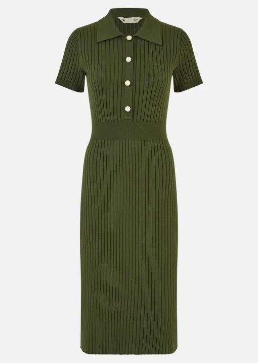 Yumi Green Fitted Rib Knitted Midi Dress With Daisy Buttons