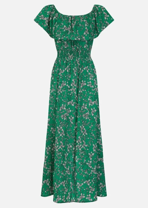 Yumi Green Floral Bardot Maxi Dress