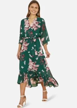 Yumi Green Floral Kimono Dipped Hem Dress
