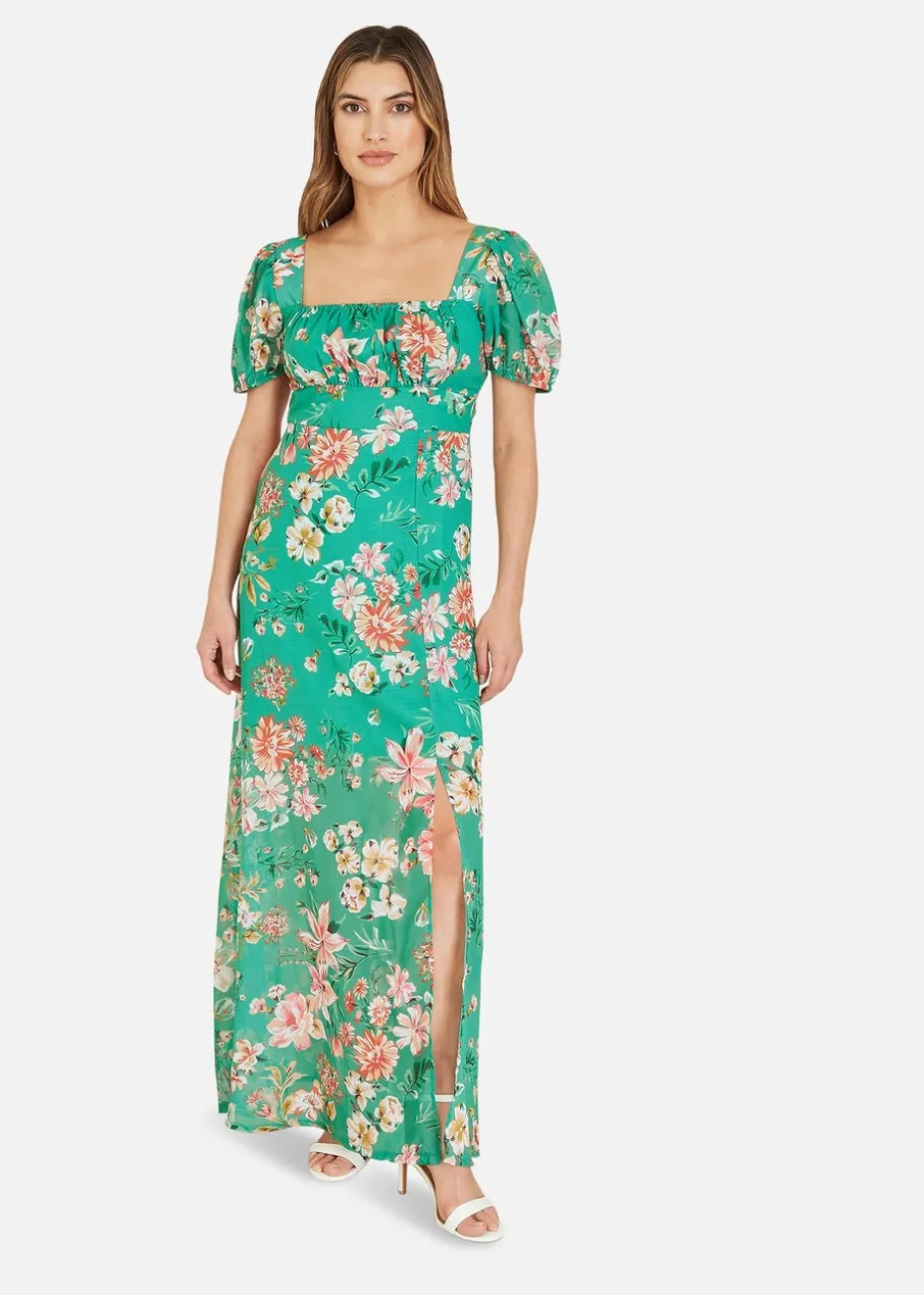 Yumi Green Floral Print Square Neck Maxi Dress With Split Hemline