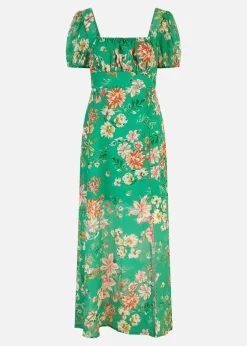 Yumi Green Floral Print Square Neck Maxi Dress With Split Hemline