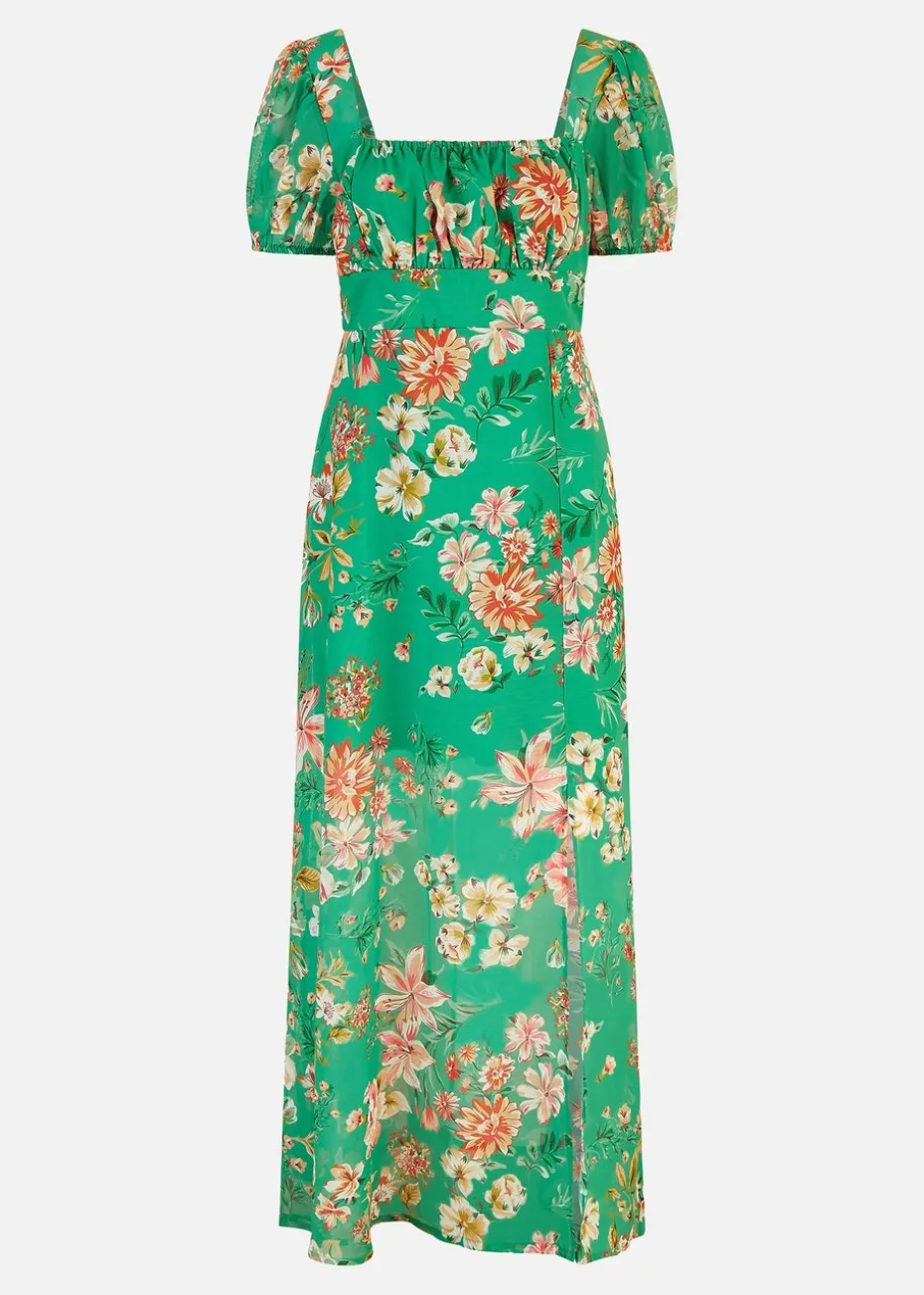 Yumi Green Floral Print Square Neck Maxi Dress With Split Hemline