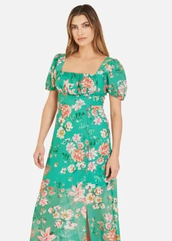 Yumi Green Floral Print Square Neck Maxi Dress With Split Hemline