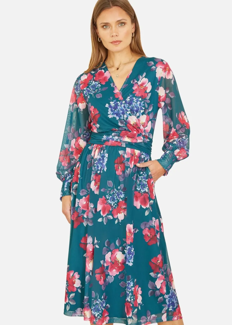 Yumi Green Floral Print Stretch Mesh Dress With Pockets