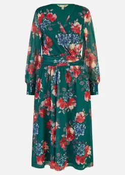 Yumi Green Floral Print Stretch Mesh Dress With Pockets
